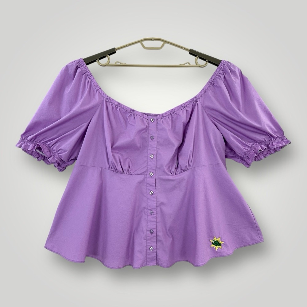 Torrid Disney Tangled Top Womans 4X Rapunzel Peplum Stretch Poplin Blouse Purple